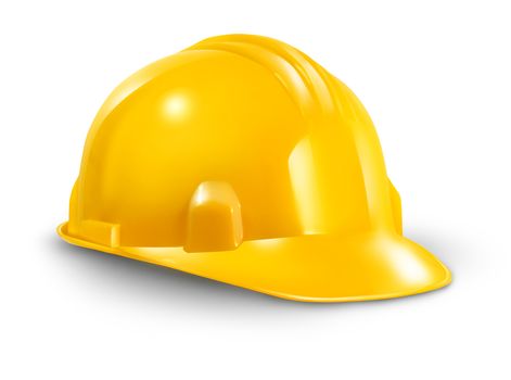 Construction hard hat as a work safety symbol of the renovations and home improvement builder industry on a white background.