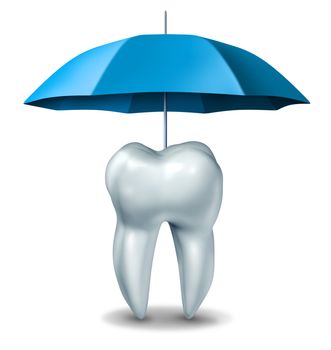 Dental protection plan medical dentistry concept with a white tooth being protected and getting pain relief by an umbrella against tooth decay and cavities on a white background.