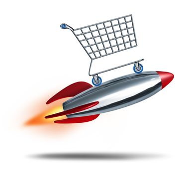 Speed shopping and quick check out concept with a shop cart flying in the air with a rocket blast as a symbol of fast consumer sales service on a white background.