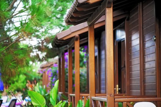 Wooden balconies bungalows in a tropical garden.