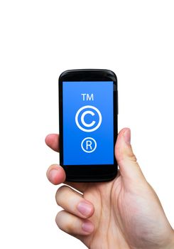 Copyright, trademark symbols  on smart phone. Security and piracy composition