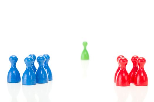 Two groups of meeples against the green meeple