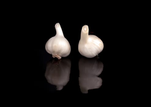 Two young garlic on a black background with reflection