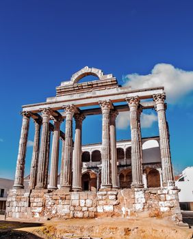 Merida, November 2012. Diana Roman Temple in homage of Emperor Augusto in Merida, capital of Extremadura region in Spain. I B.C. or I A.C. UNESCO World Heritage Site. Merida is ancient Roman Emerita Augusta, capital of Lusitania province of Roman Empire.