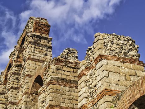 Merida, November 2012. Roman aqueduct ruins in Merida, capital of Extremadura region in Spain. I century. 830 meters. UNESCO World Heritage Site. Detail