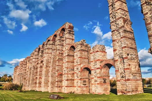 Merida, November 2012. Roman aqueduct ruins in Merida, capital of Extremadura region in Spain. I century. 830 meters. UNESCO World Heritage Site.