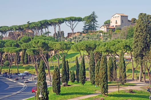 Rome view, Palatine Hill with roman ruins behind