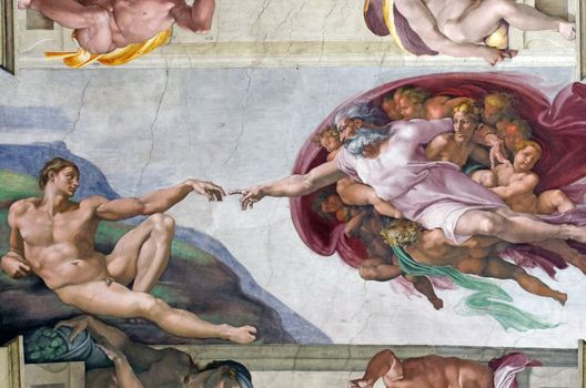 ROME, ITALY - MARCH 08: Michelangelo's masterpiece: The Creation of Adam in Sistine Chapel, Vatican Museum on March 08, 2011 in Rome, Italy