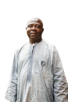 Candid portrait of a black African man, in traditional clothing, isolated on white