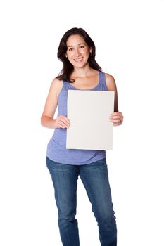 Happy smiling young woman holding whiteboard sign, isolated.