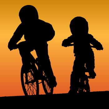 Bmx riders silhouette on sunset background.