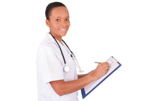 African american woman doctor a over white background, isolated