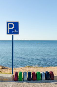 Bicycle parking next to  sunny Mediterranean