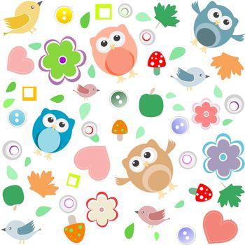 Bright background with owls, leafs, mushrooms and flowers. Seamless pattern