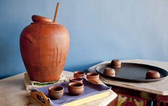 Color capture of a display of indigenous crafted clay earthenware by unknown artist on a table top display at Pondicherry, Tamil Nadu India