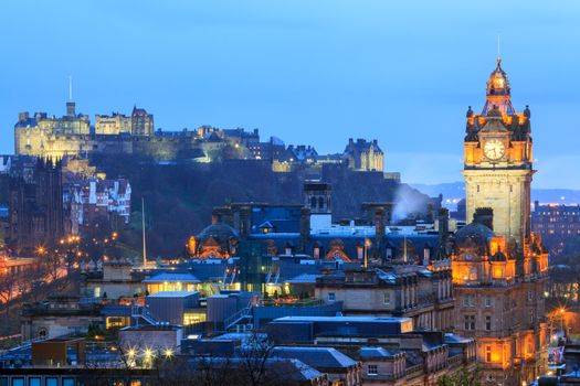 Edinburgh Castle with Cityscape from Calton Hill at dusk Scotland UK