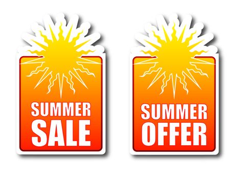 Summer sale and offer orange badges with sun illustration