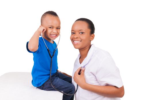 African american woman doctor with child isolated