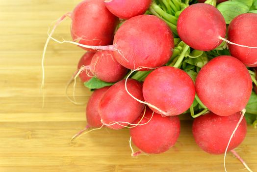 Close-up of a bunch of radishes on a board