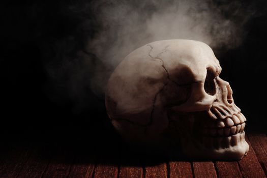 human skull over a wooden floor with a black background and some smoke around