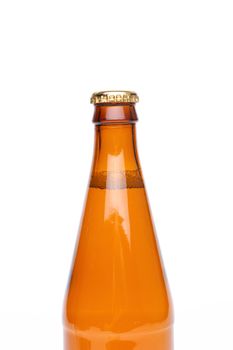 A brown neck bottle with drink on white background.