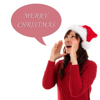 Happy Christmas woman shouting excited isolated on white background wearing red Santa hat. Beautiful Asian model.