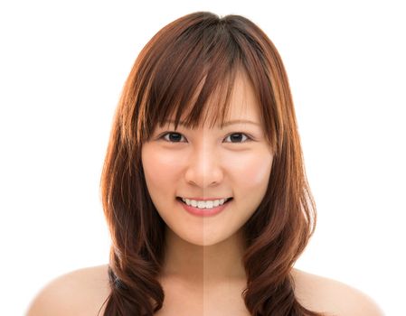 Asian woman face with half tan skin (before and after) isolated on white background. Beautiful Asian girl model.
