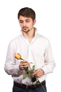 man with rose, isolated on white background.