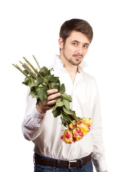 man with bouquet of red roses. Isolated on white.