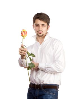 man with rose, isolated on white background.