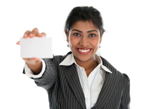 Indian businesswoman shows a blank business card for marketing, Asian woman smiling happy isolated on white.