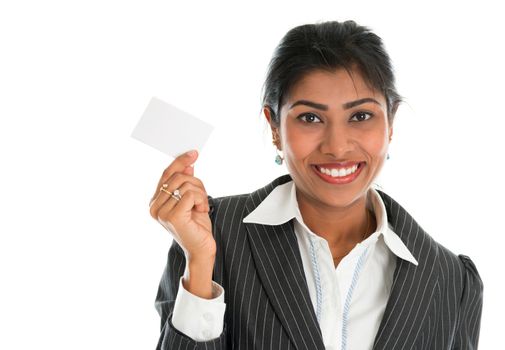 Indian businesswoman shows a blank name card for marketing, Asian woman smiling happy isolated on white.