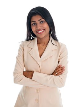 Attractive Indian businesswoman hands folded in business suit smiling happy. Portrait of beautiful Asian female model standing isolated on white background.