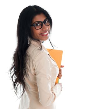 Indian businesswoman holding file folder document. Portrait of beautiful Asian female model standing isolated on white background.