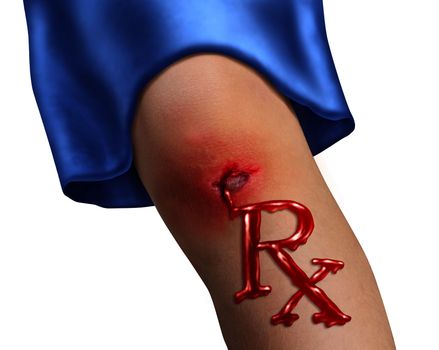 Child Health Care and pediatric medicine medical concept with a human child knee as a physical bleeding injury in the shape of RX pharmacy symbol as an icon of  family hospital services on white.