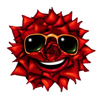Flower character head as a fun red rose mascot of passion and romance with summer sun glasses and a smiling happy expression as a symbol of nature and natural beauty with a front view radiant petals pattern.