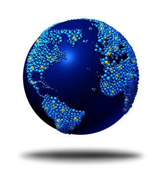 Global connections and communications symbol concept with a blue international globe of the worldmade of small globes around a sphere as a social exchange and trade icon for imports and exports.