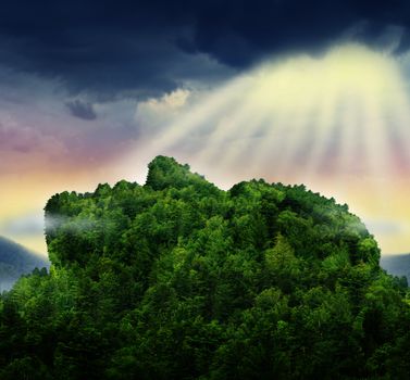 Human achievement and the power of personal success in business represented by a mountain of trees in the shape of a head and face with glowing sun light above the clouds as a symbol of hope for the future.