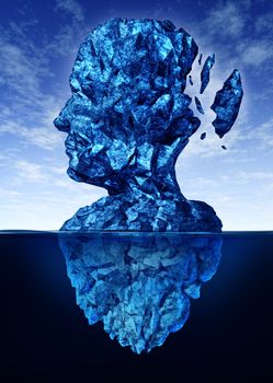 Memory loss due to Dementia and Alzheimer's disease with the medical icon of a frozen glacier iceberg in the shape of a human head and brain losing pieces of ice as thoughts and mind function.