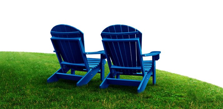 Retirement Planning symbol with two empty blue adirondack lawn chairs sitting on green grass as a financial concept of future successful investment strategy on a white background.