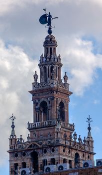 Spire, Bell Tower, Seville Cathedral, Cathedral of Saint Mary of the See, Seville, Andalusia Spain.  Built in the 1500s.  Largest Gothic Cathedral in the World and Third Largest Church in the World.  Burial Place of Christopher Columbus.