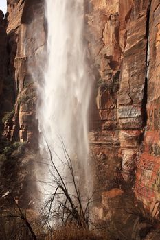 Falling Water Behind Weeping Rock Waterfall Red Rock Wall Zion Canyon National Park Utah Southwest