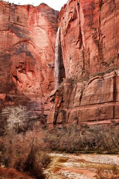 Temple of Sinawava Waterfall Red Rock Wall Virgin River Zion Canyon National Park Utah Southwest