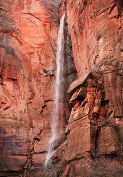 Temple of Sinawava Waterfall Red Rock Wall Zion Canyon National Park Utah Southwest