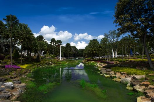 View of the Suspension Bridge. Nong Nooch Tropical Botanical Garden. Thailand.