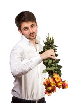 man with bouquet of red roses. Isolated on white.