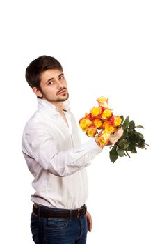 man with bouquet of red roses. Isolated on white.