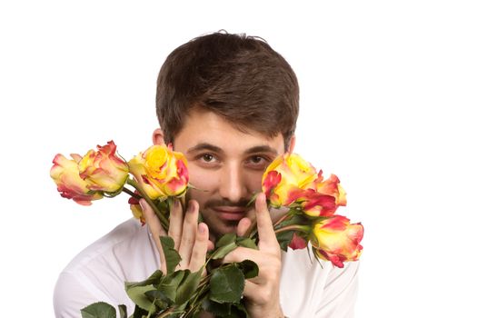 man with bouquet of red roses. Isolated on white.