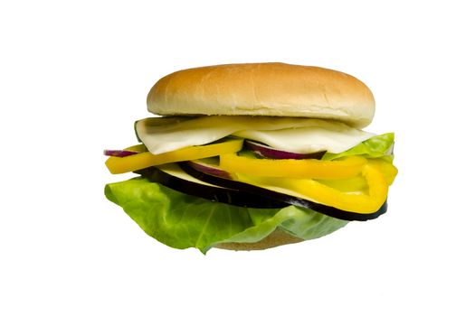 Veggie Sandwich made with lettuce, eggplant, cheese, yellow peppers and onion isolated on white background