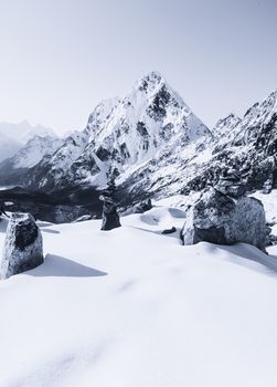 Cho La pass peaks at dawn in Himalaya mountains. Trekking in Nepal